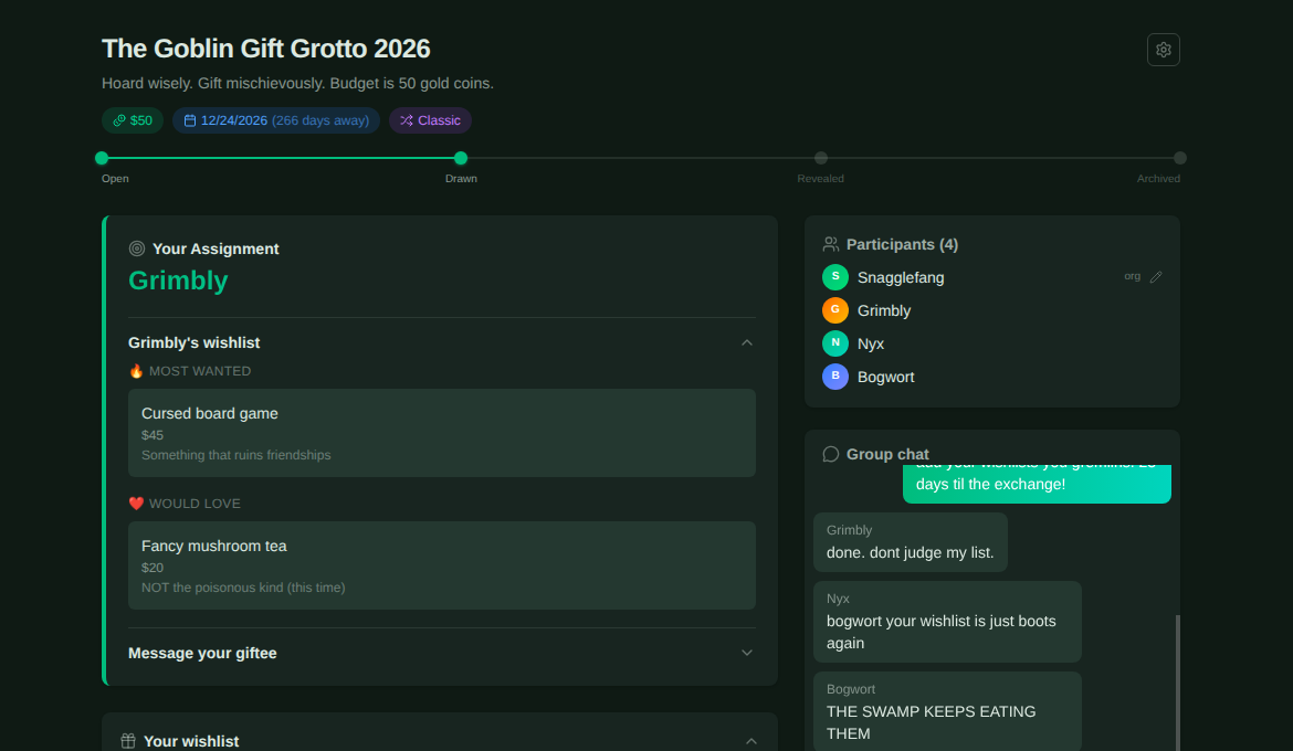Goblin Exchange — assignments, wishlists, and group chat